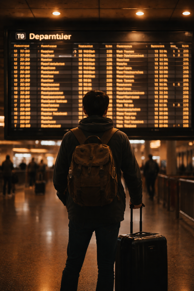 a lone traveler standing in front of a large airport departure board, slightly out of focus in foreground