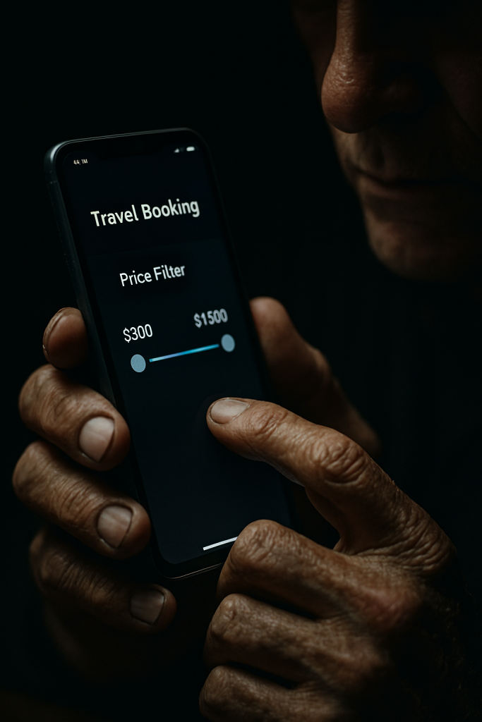 extreme close up of weathered human hands holding a smartphone showing a travel booking app with price filter slider