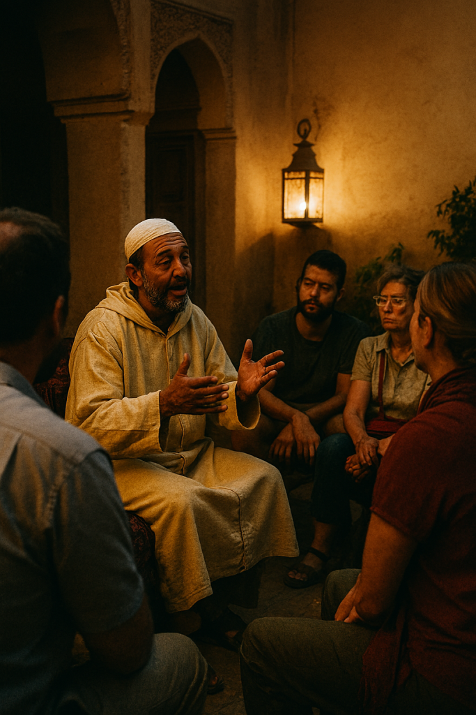 a passionate local guide speaking to a small intimate group of travelers seated in a circle in a traditional courtyard