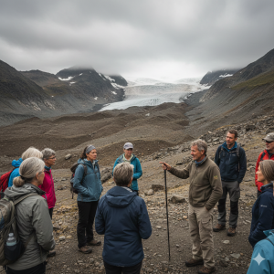 a tour guide pointing toward a visibly retreating glacier on a mountain trail
