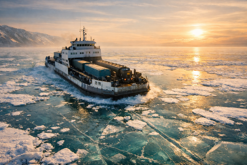 the train‑ferry crossing the frozen turquoise expanse of Lake Baikal