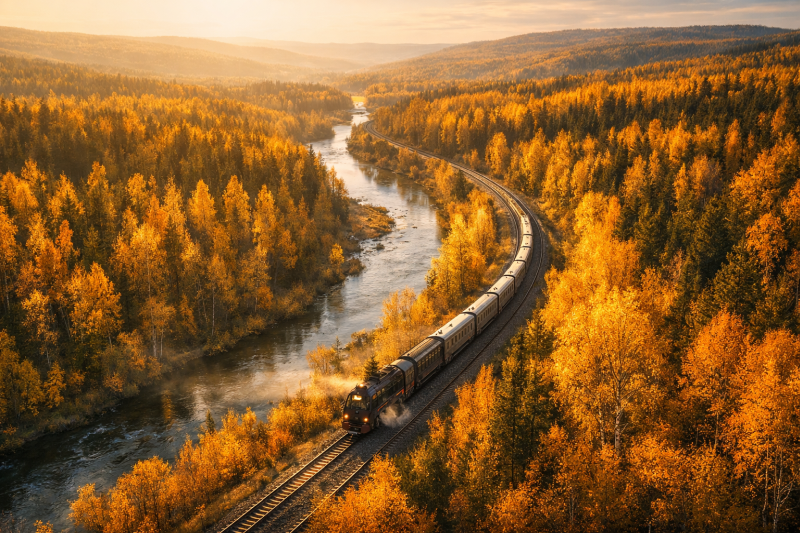 the sweeping aerial view of the Siberian taiga in golden autumn light